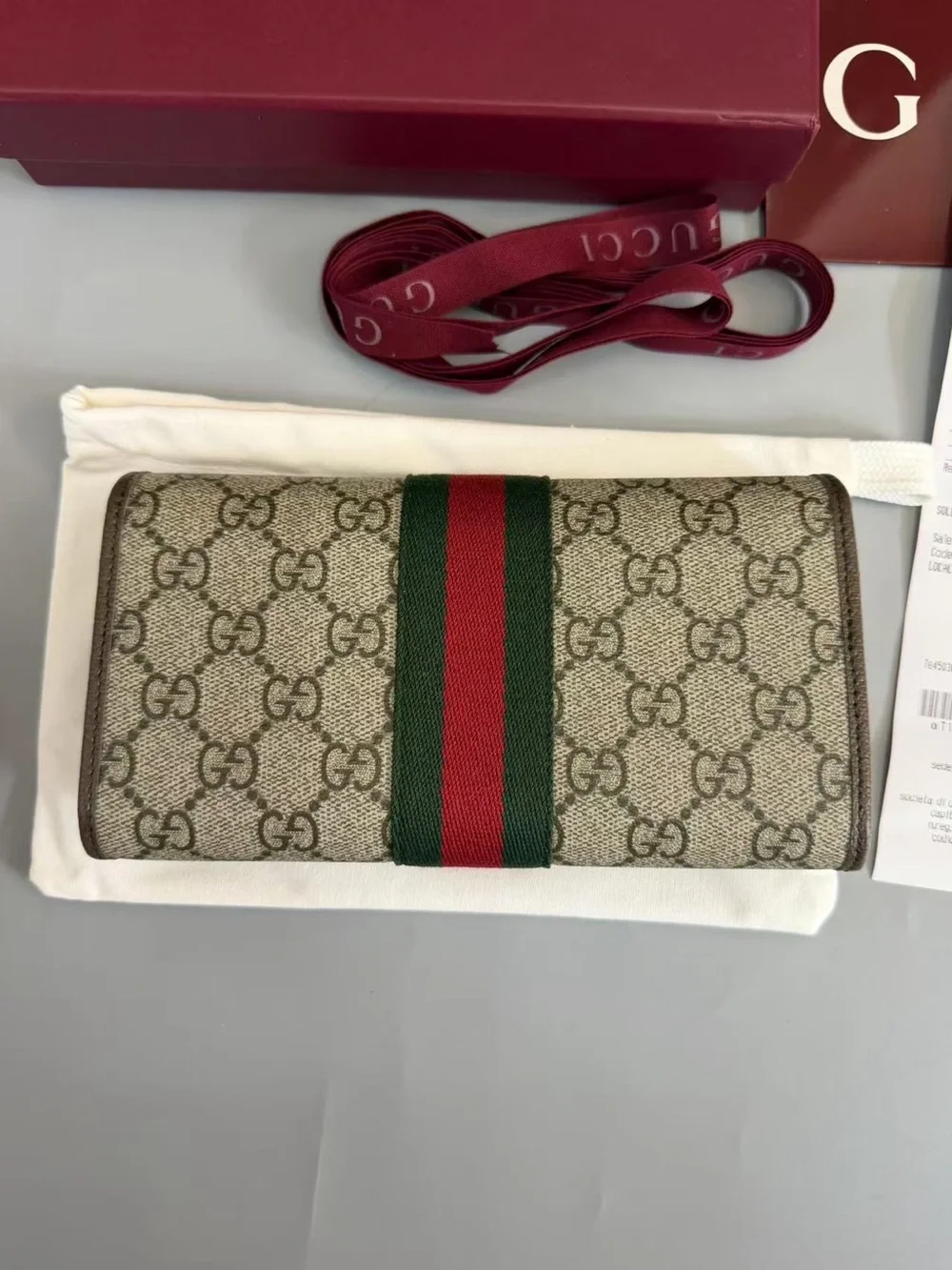 Gucci Beige GG Supreme Continental Wallet with Green and Red Web Stripe